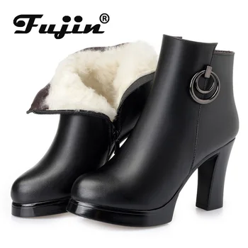 

Fujin Wool Short Boots Winter Women Genuine Leather Dropshipping Thick Bottom High Heels Fashion Solid Fashion Women Ankle Boots