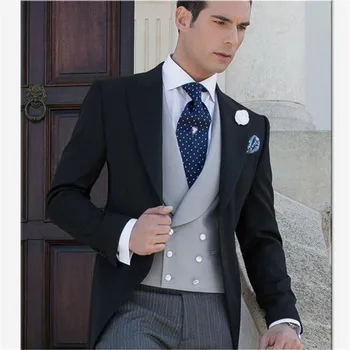 

Black peaked lapel men suit double breasted waistcoat slim fit evening party tuxedos Men's suits 3 piece set (jacket+pants+vest)