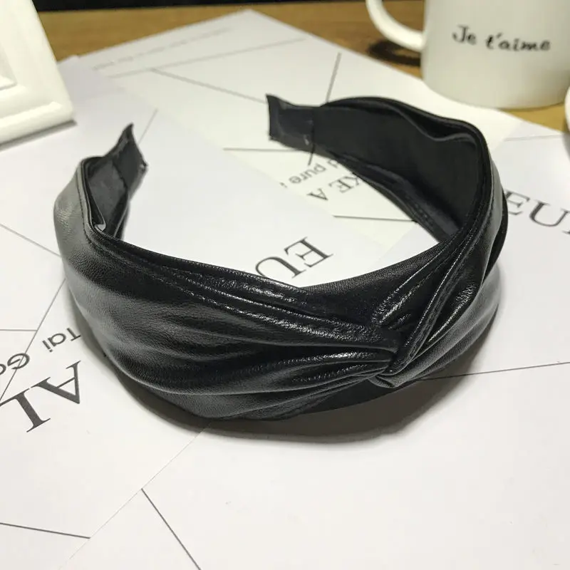 Брелки из кожи PU ручной работы Ободки для девочек ткань двойная цветная повязка на голову Мода крест узел широкий мех наголовный обруч женские аксессуары для волос - Цвет: 9