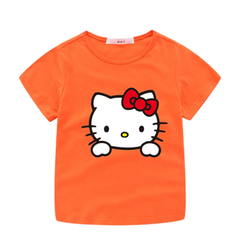 Hello kitty/Летняя футболка принцессы для девочек; Детские хлопковые топы; футболки; детская одежда для дня рождения; одежда для малышей; костюм - Цвет: Orange