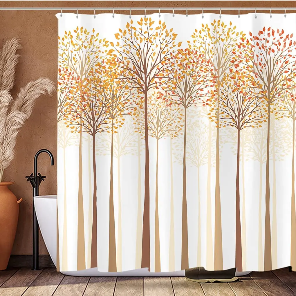 Abstract Style Shower Curtain Set Autumn Trees Branches Leaves Cartoon