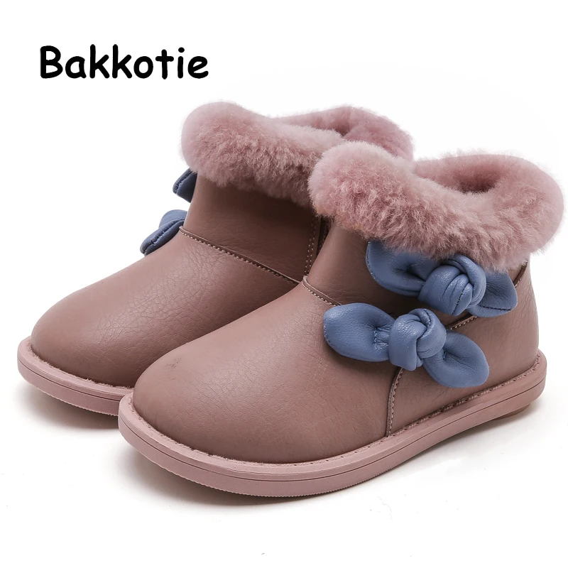 Bakkotie/ г. Новые Зимние ботильоны для маленьких девочек модные белые ботинки с милым бантом для малышей детская розовая Нескользящая теплая обувь на меху