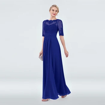 

Wholesale Royal Blue Full Length Chiffon Lace Mother of the Bride Dresses Half Sleeve Bateau Neck Wedding Party Gowns Appliqued