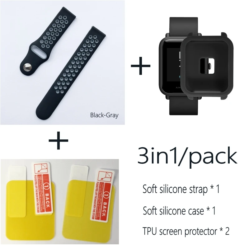 black gray-blackcase 4в1 для Xiaomi Huami Amazfit Bip браслет ремешок чехол 20 мм силиконовый ремешок для часов защитная Пленка чехол s браслет - Цвет: black gray-blackcase