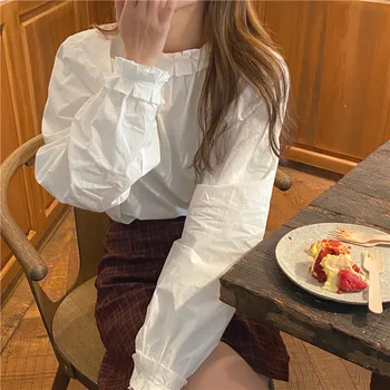 

COIGARSAM Cute Full Sleeve blouse women blusas womens tops and blouses White 9133
