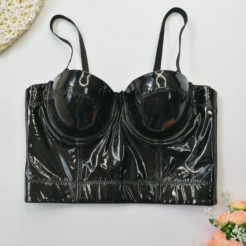 Sexy stain bra for women bright leather crop top camisole spot sexy tube top with steel ring PU leather fishbone brassiere femme
