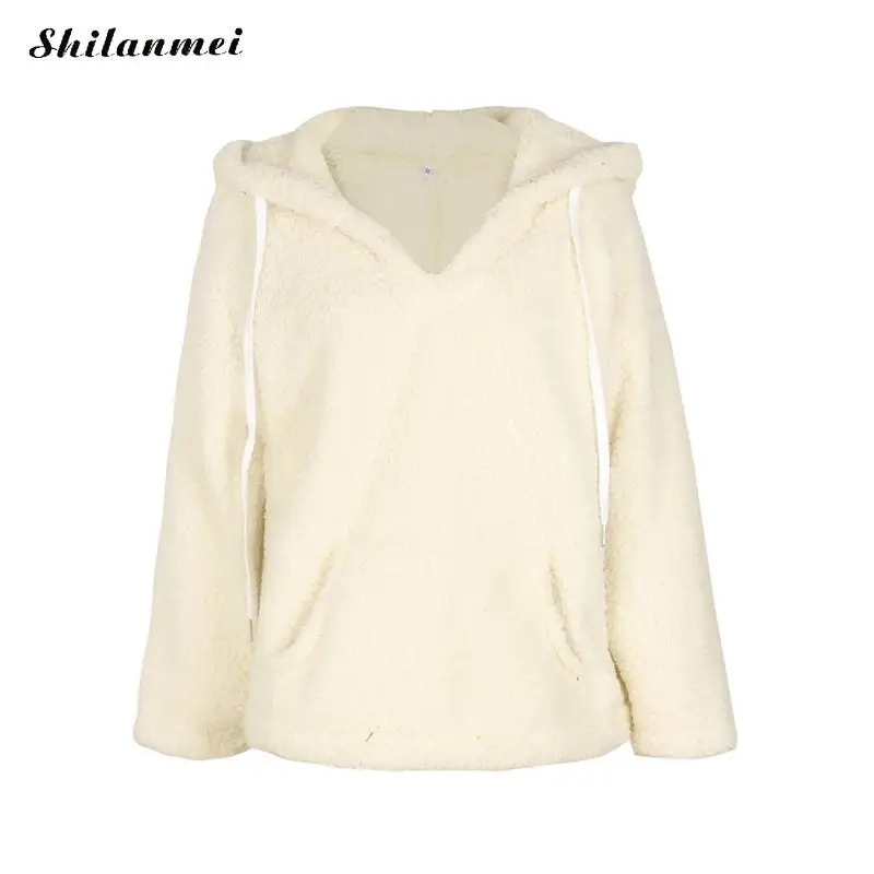 Women Fleece Hoodies Autumn Plush Casual Hooded Pullovers V Neck Female Sweatshirt Winter Warm Pocket Teddy Pullover Mujer