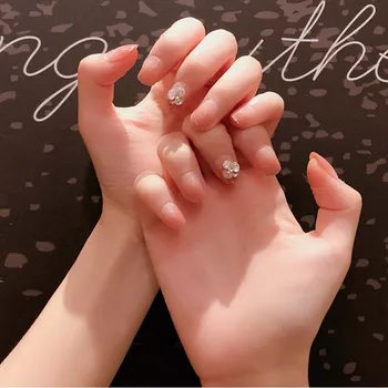 

24pcs Fashion Pink Gradient Golden Glitter Rim Rhinestone fake press on Nail Wearable acrylic Products short fake nail with glue