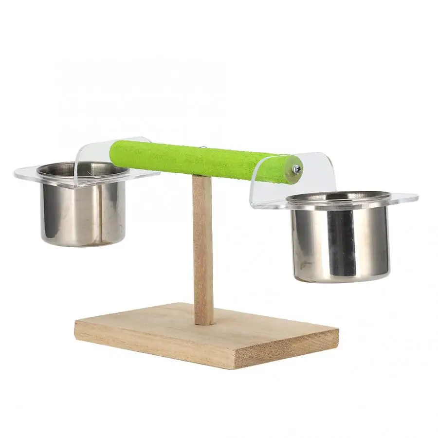 Bird Toys Colorful Frosted Rod Swing Standing Frame Cup Holder with Two Stainless Steel Feeder Bowl Parrot Chewing Toy