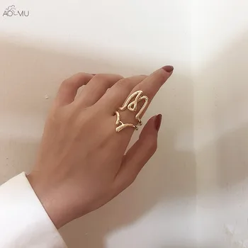 

AOMU New Design Charm Hip Hop Unique Vintage Simple Metal Love Irregular Geometric Abstruct Finger Ring for Women Jewelry