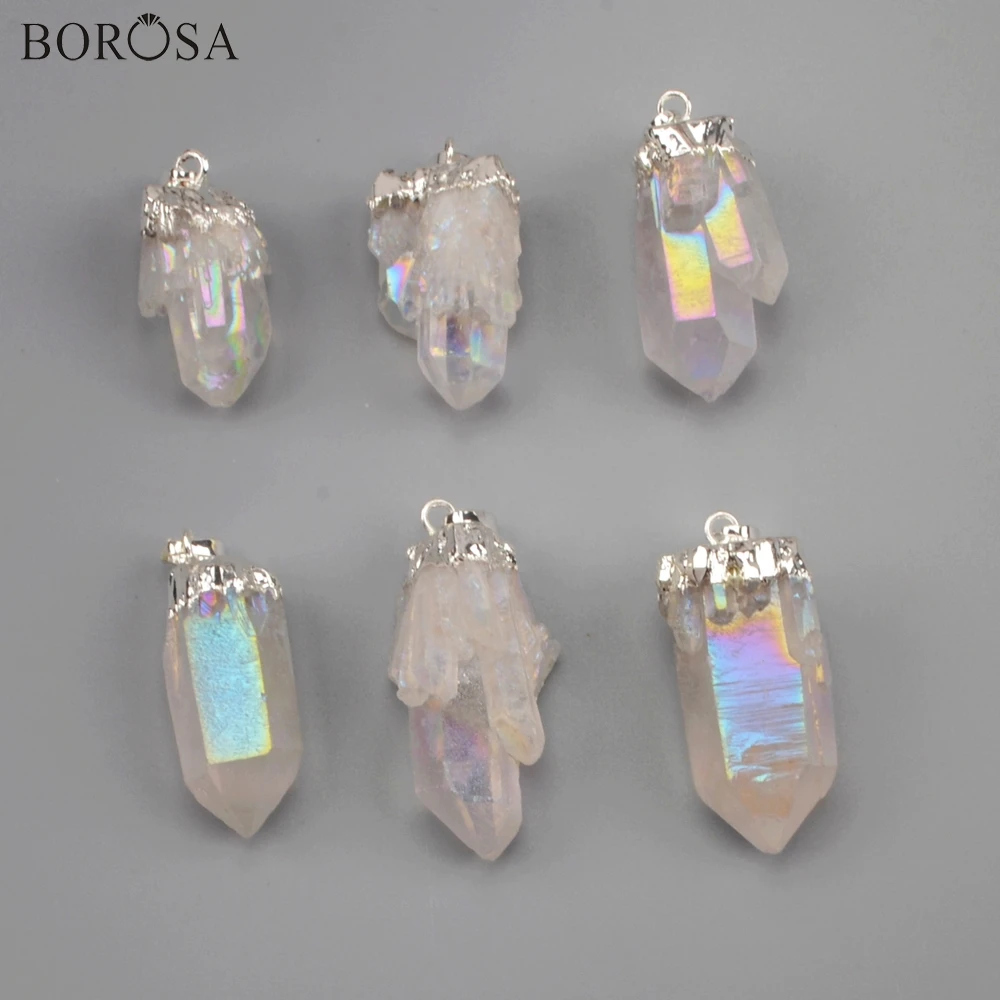 

BOROSA 5/10Pcs Silver Plating Natural Crystal Quartz Beads Titanium AB Color Cluster Crystal Point Pendant for Necklace S1851