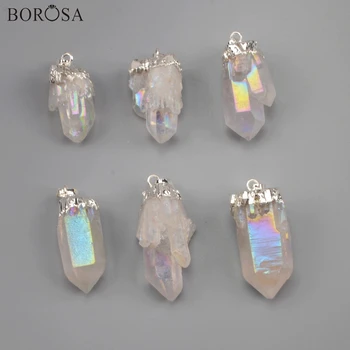 

BOROSA 5/10Pcs Silver Color Natural Crystal Quartz Beads Titanium AB Color Cluster Crystal Point Pendant for Necklace S1851