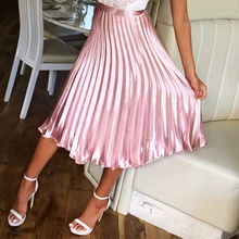^^Best Offers 	Women Pleated Skirts Sweet Pink Silver Pleat Skirt Mid-Calf High Waist  Solid Color Vintage Glossy Lady Fashion Skirt Falda D30	