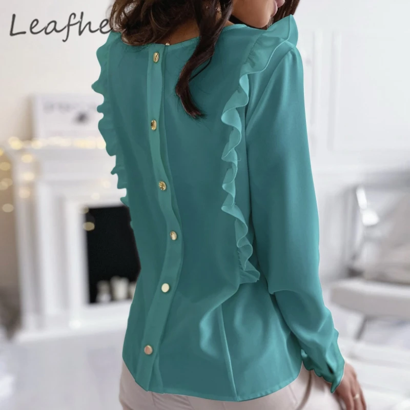 

Spring Autumn Office Lady Solid Tops Pullover 2021 Double Ruffle Button Blouse Shirts Women Casual Long Sleeve Slim Blouse Blusa