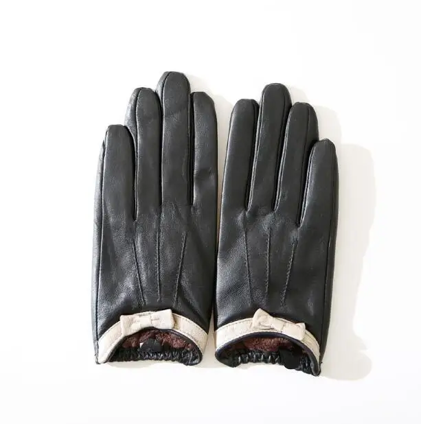 

Women's genuine leather small bow glove lady's warm natural sheepskin leather fashion slim touchscreen driving glove R2475