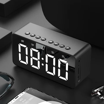 

TWS Portable Wireless Bluetooth Speaker Stereo Bass LED Display Dual Alarm Clock Mirror TF Card 4D Speaker with Mic Home Boombox