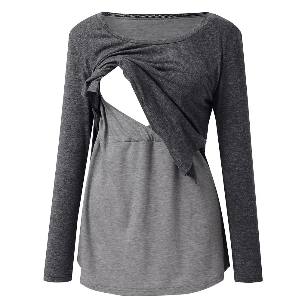 Women Pregnant Maternity Nursing Breastfeeding Top T-Shirt Blouse Patchwork O-Collar multi-function maternity dress Hot Sale
