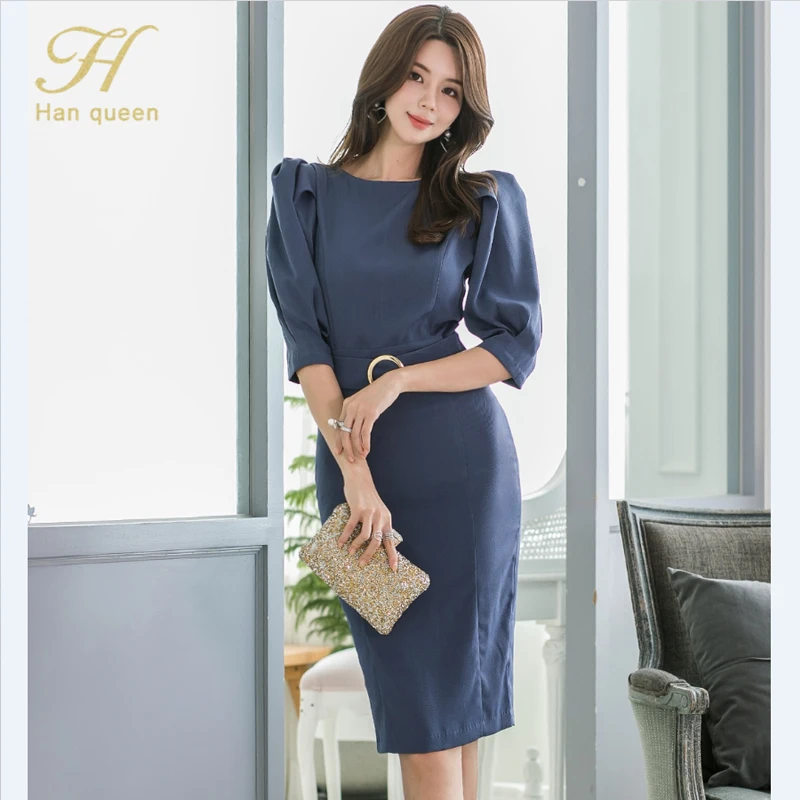 blue H Han Queen Autumn Women Sexy Split BodyCon Pencil Sheath Retro Formal Wedding Evening Party Special Occasion Dress - Цвет: blue