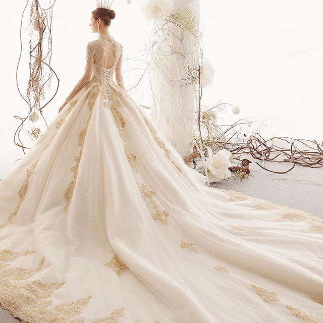 LDR08 Champagne Long Sleeve Bridal Wedding Dress 2021 Applique Printed Pattern Transparent V-neck Pettiskirt свадебное платье 2