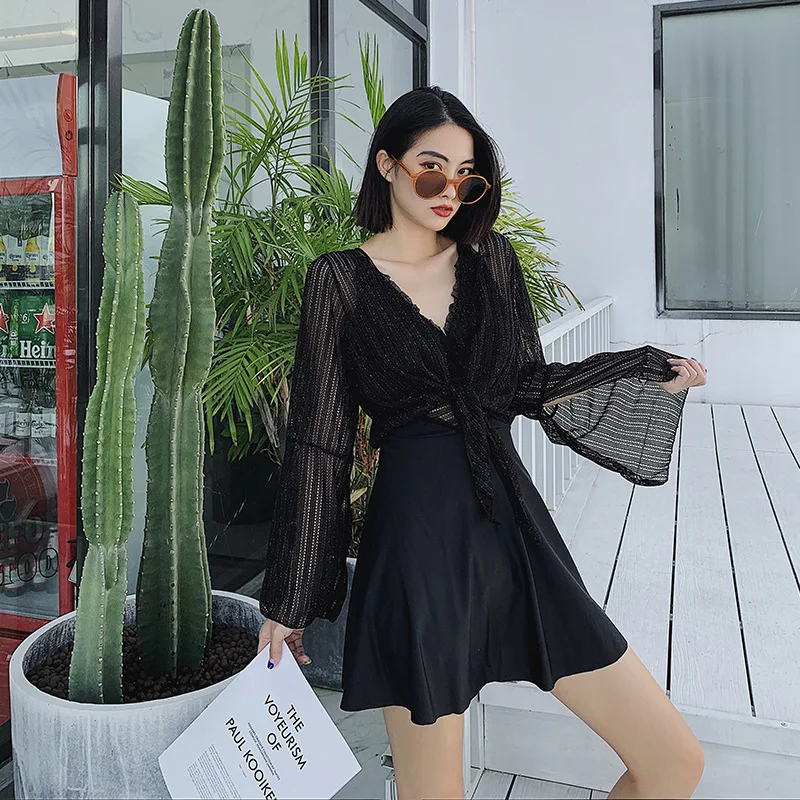 

One Piece Swimsuit Woman Swimwears Swimsuits For Women 2019 Indoor Suit Fat Hot New Long Sleeve With Skirt Solid Polyester