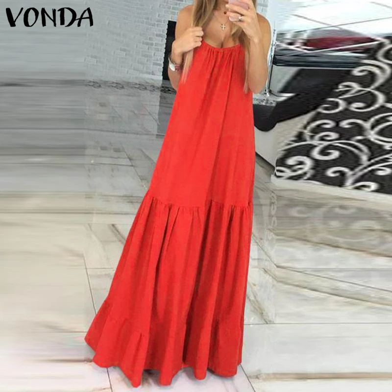 Bohemian Dress Spaghetti-Strap Vestido VONDA Ruffle Plus-Size Sleeveless Summer Swings