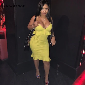 

ANJAMANOR Yellow Ruffle Spaghetti Strap Bodycon Dress Summer 2020 Party Short Pencil Dresses Women Sexy Club Outfits D64-AB76