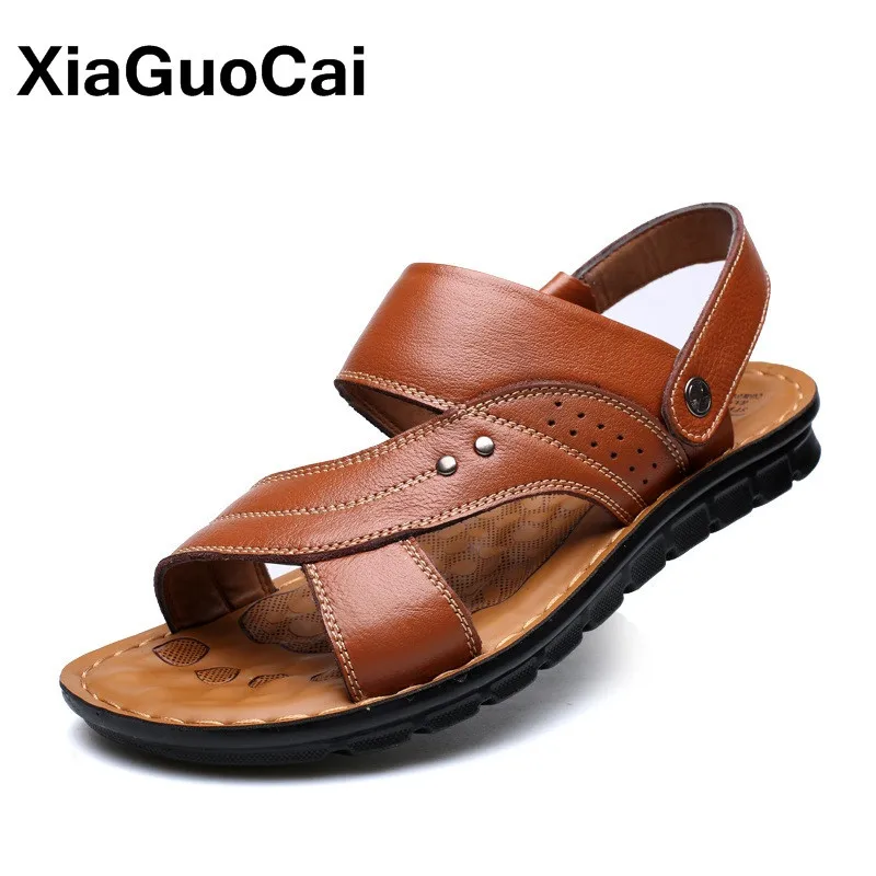 

2020 Summer Men Sandals Slippers Two Uses Genuine Leather Casual Slides Beach Shoes For Male Antiskid Mans Flat Mules Breathable