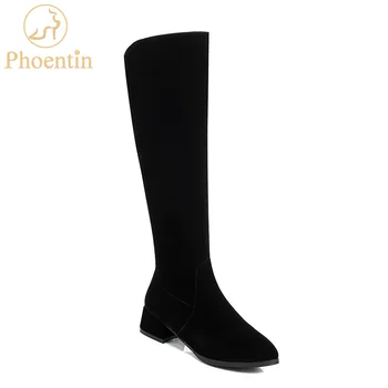 

Phoentin mid heels knee boots velvet 2019 black zipper closure high booties woman pointy womens shoes large size footwear FT822