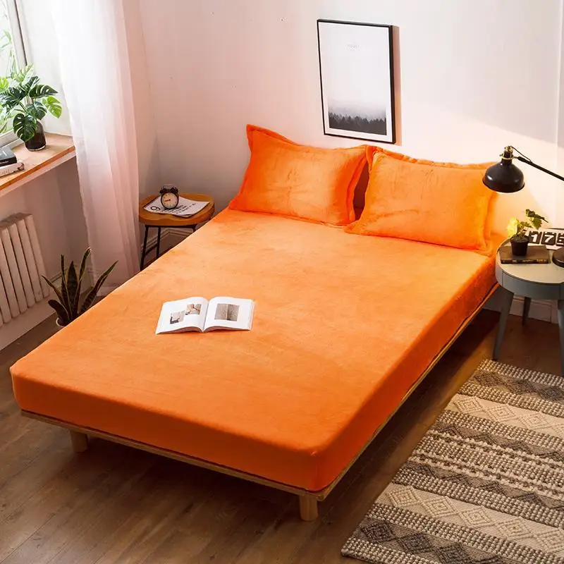 orange Флисовый эластичный простынь с принтом, резиновый простынь+ наволочка, зимняя теплая фланелевая льняная бархатная наматрасник, 3 шт - Цвет: orange