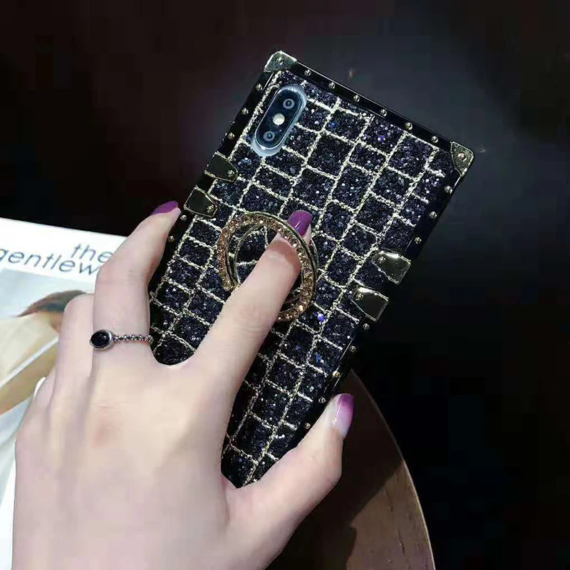 Luxury Brand Square Bling Shiny Glitter Powder Case For iPhone 11 Pro Max XS Max XR X 8 7 6 6S Plus Silicone Cover Ring Bracket (5)