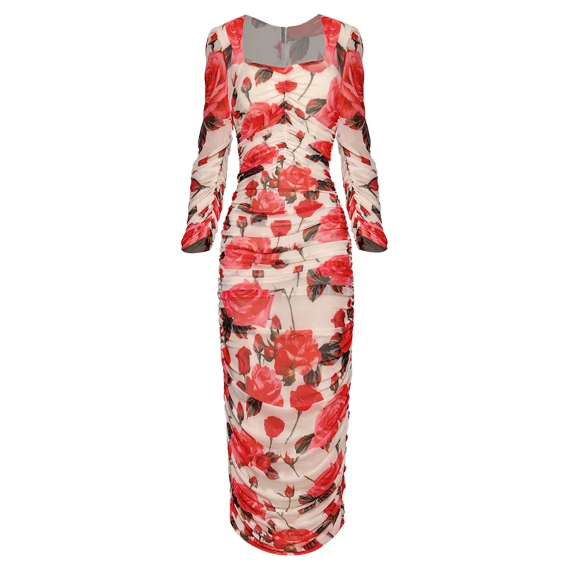 

VERDEJULIAY Runway Sheath Dress 2020 Spring Autumn Fashion New Puff Sleeve Slash Neck Flower Print Drap Bodycon Slim Long Dress