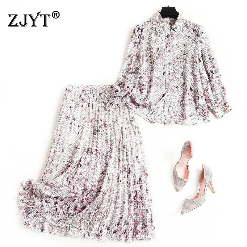 

High Quality Fashion Runway Set 2020 New Women's Designer Long Sleeve Snakeskin Print Chiffon Top and Pleated Skirt Suit Sets