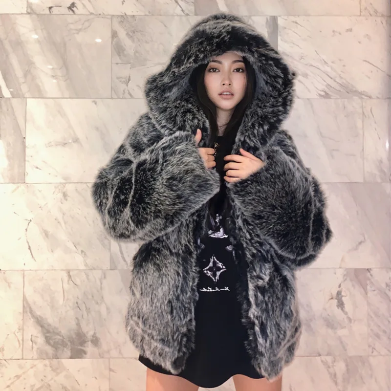 Snowman's hooded street lamb plush coat in winter. New thickened eco-friendly fur with imitation Rex rabbit fur. Black-gray | Женская