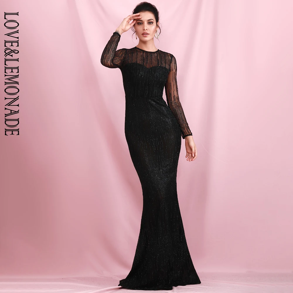 LOVE& LEMONADE черный круглый вырез с длинным рукавом Перспектива Назад Bodycon с наклеенными блестками материал Maix платье LM6496-9