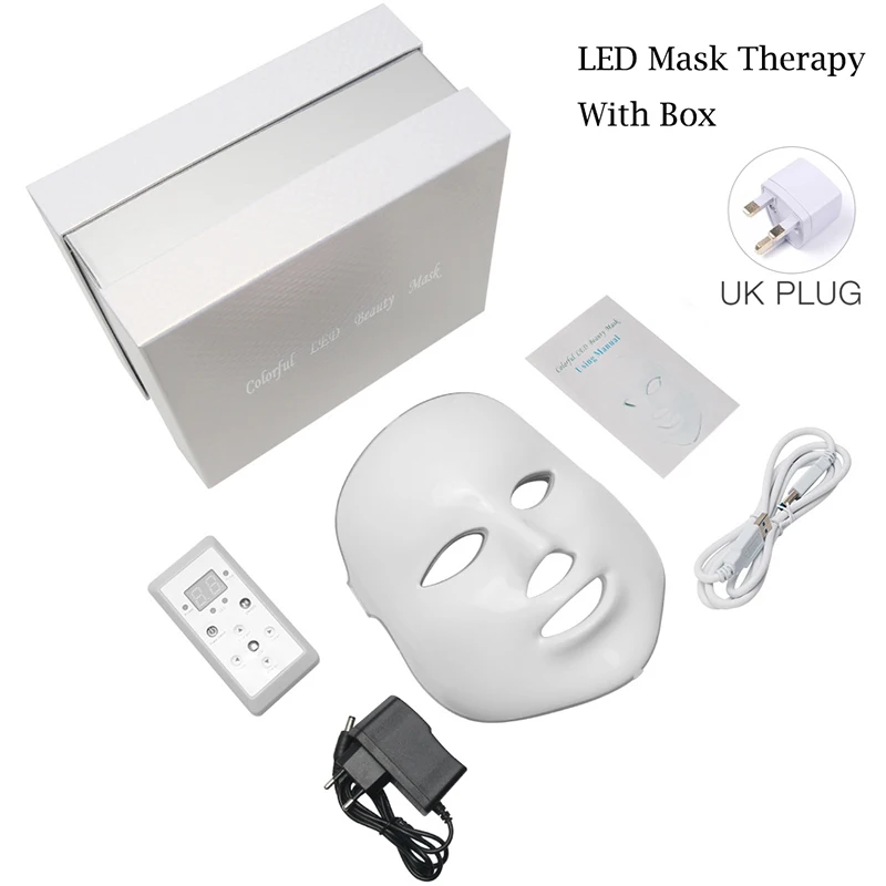 Светодиодный маска терапия корейский Красота Фотон 7 цветов светодиодный маска для лица Уход за лицом светильник терапия для стягивания кожи уход за кожей, омоложение Красота светодиодный маска для лица маска светодиод - Цвет: UK Pluge-With Box