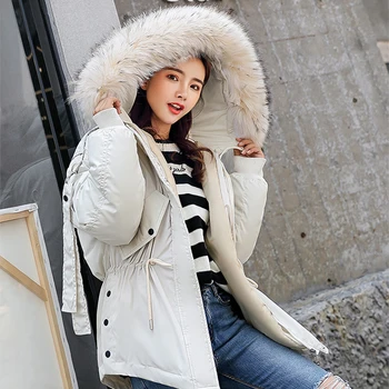 

Winter Jacket Women Fur Collar Thick Coat Warm Hooded Jacket To Tighten The Waist Solid Color Cotton Clothing Plus Size S-2XL