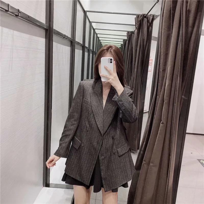 Women Vintage Striped Office Blazers Double Breasted Pockets Fashion Coat Long Sleeve Elegant Jacket Lady Marynarka Damska