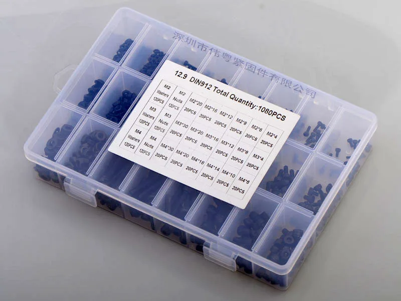 1080pcs M2 M3 M4 black high-strength cup head inner hexagon with nut flat washer combination set with plastic storage box