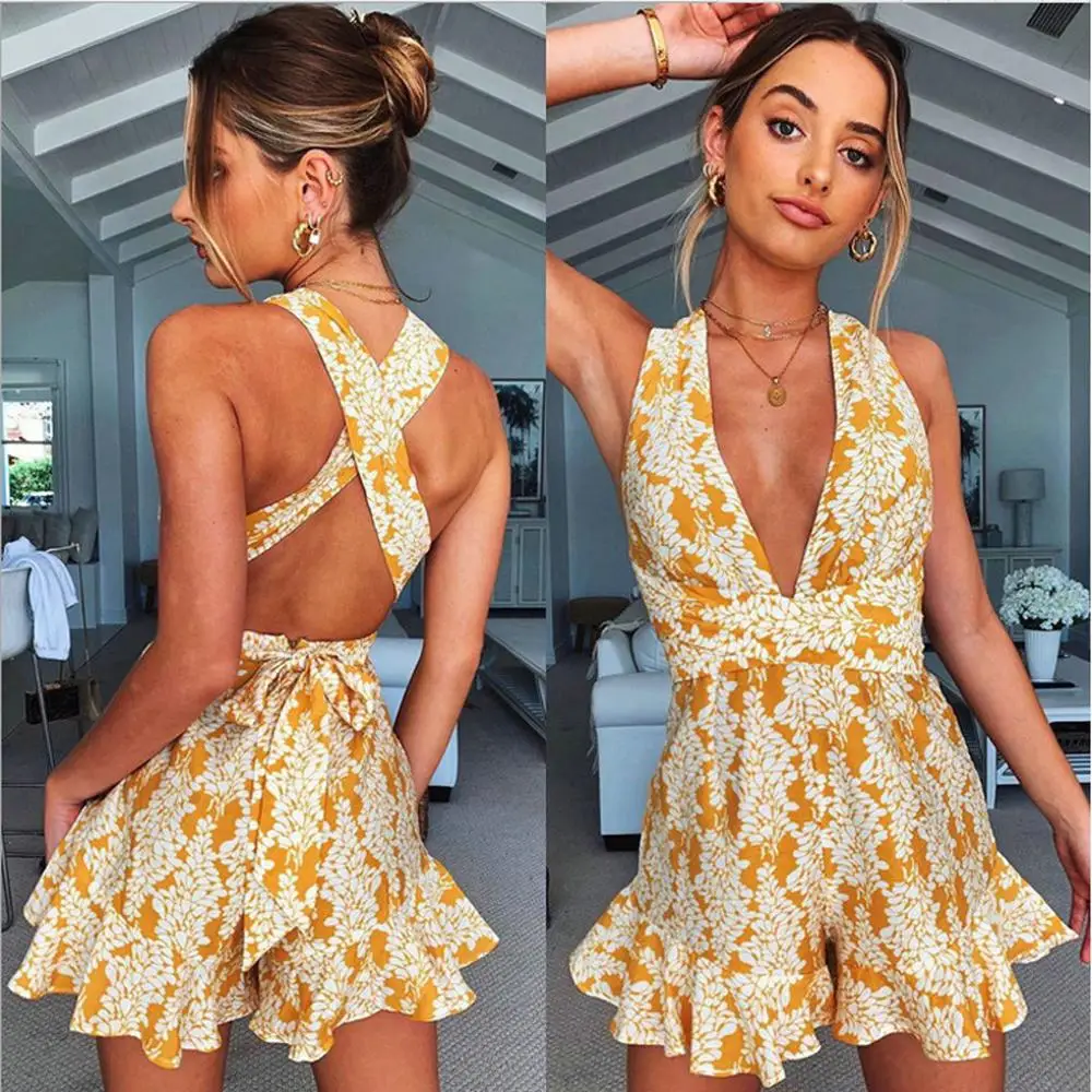 

2020 Women Sexy V Neck Backless beach playsuit Lace Up Back Print Ruffle Hem Short Rompers sleeveless jumpsuits Woman clothes