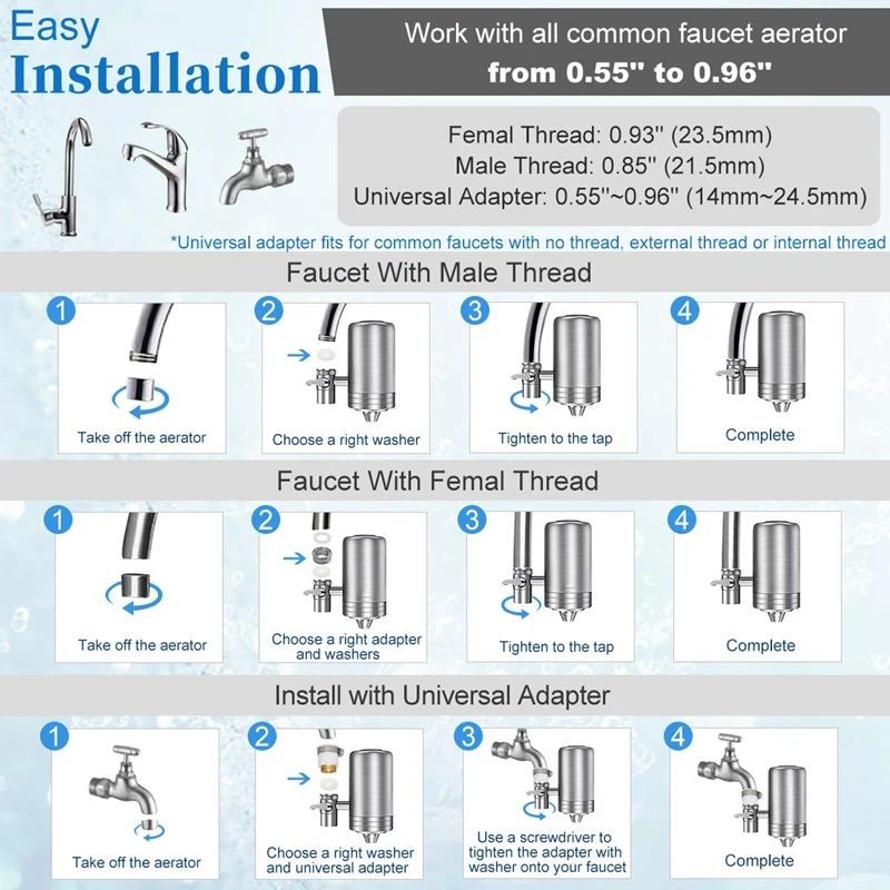 Faucet Water Filter, 304 Stainless-Steel Water Faucet Filtration System, High Water Flow Tap Water Filter, Water Purifier Remove