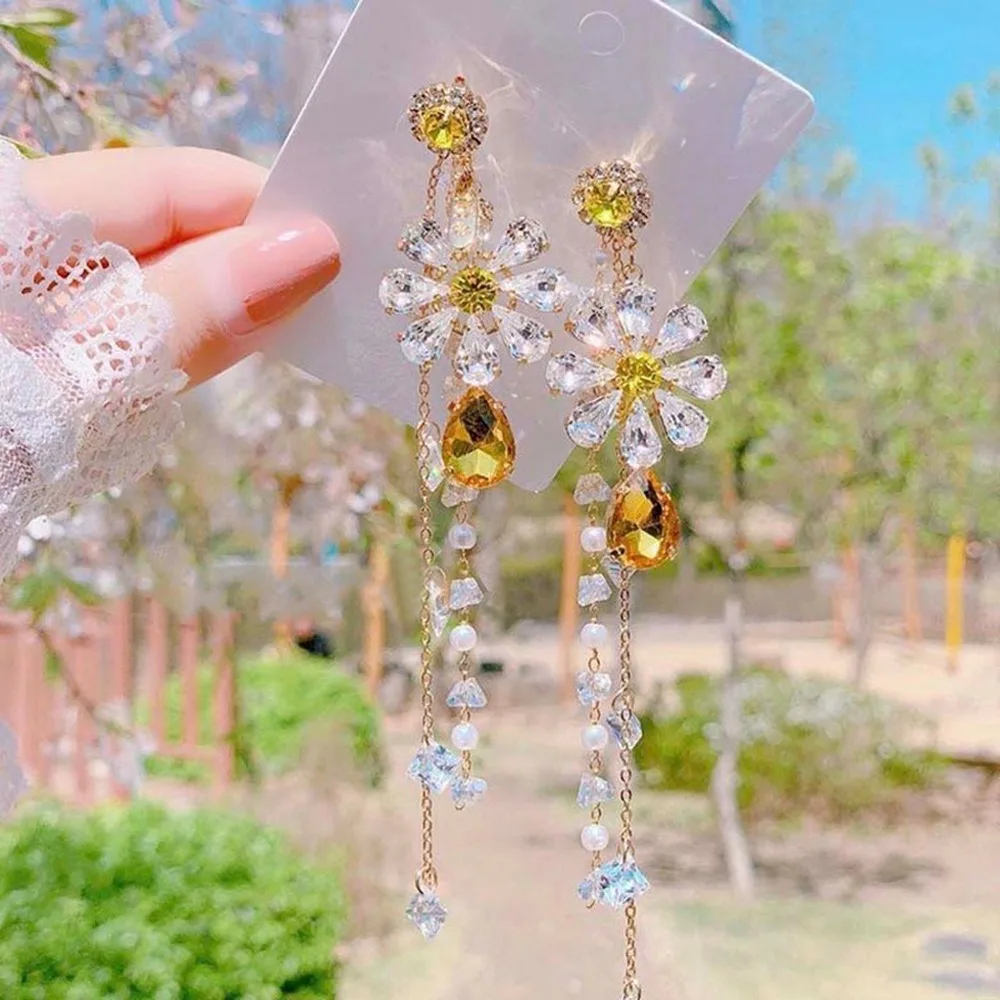 

Korean Earrings Cubic Zironic Sparkling Yellow Purple Crystal Flower Earrings Tassel Versatile Boho Dangle Earrings