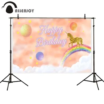 

Allenjoy Happy Birthday Wall Decor Golden Unicorn Rainbow Misty Planet Star Party Photozone Orange Watercolor Baby Shower Banner
