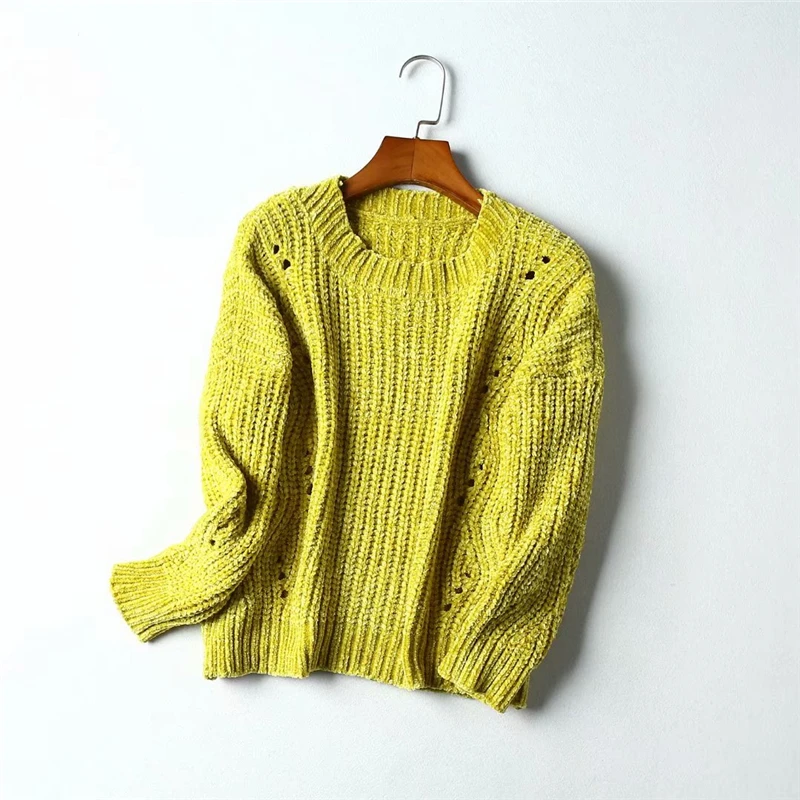 yellow Винтажный шикарный женский золотой бархатный вязаный свитер, женский короткий пуловер с круглым вырезом и длинным рукавом из синели, Свитера большого размера - Цвет: yellow