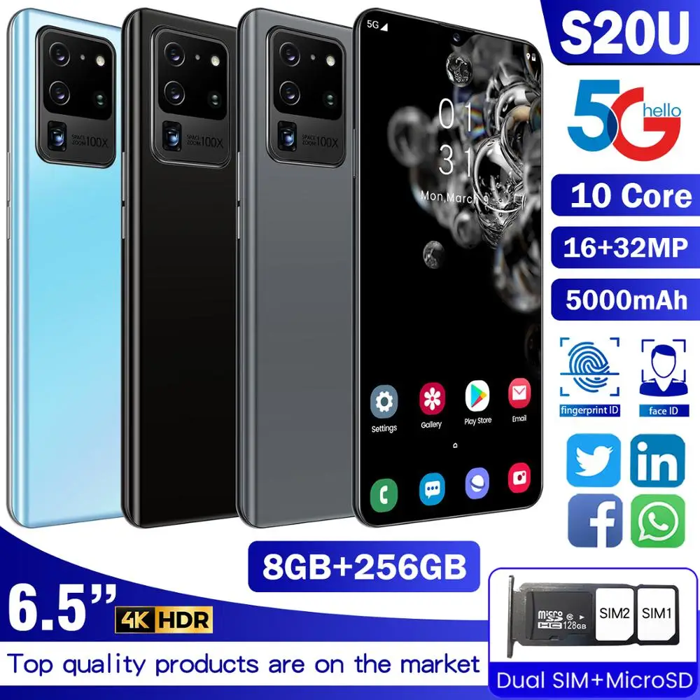 Новый смартфон S20U Android 10 0 6 5 дюйма две SIM карты 8 ГБ ОЗУ 256 Гб ПЗУ 5000 мАч