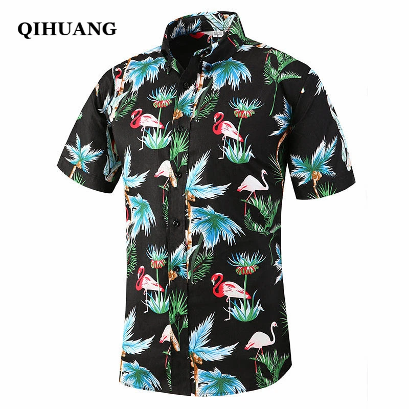 QIHUANG Men Hawaiian Shirt Summer Short Sleeve Tropical Floral Flamingos Button Down Beach Party Shirt Cotton Plus Size Shirts