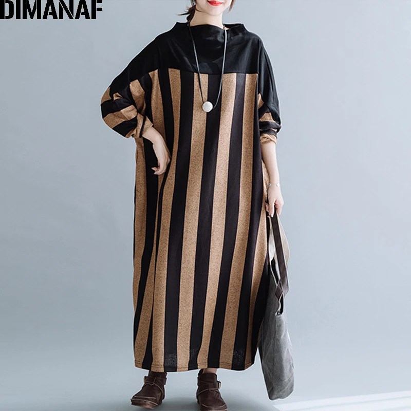 

DIMANAF Plus Size Winter Vintage Women Dress Knitting Cotton Oversize Loose Female Lady Vestidos Black Striped Maxi Long Dress