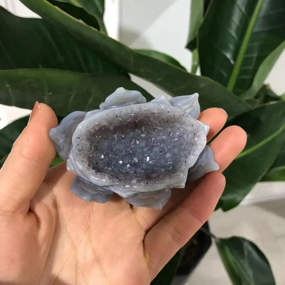 Натуральный агат Geode Lotus Drusy Druse Статуэтка Кристалл кварц драгоценный камень ручной резное исцеление для украшения дома подарок и DD