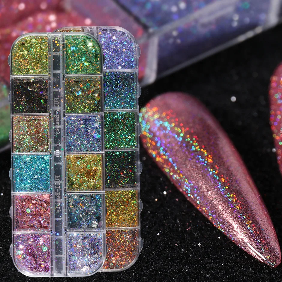 

12 Grid Laser Nail Glitter Powder Gradient Holographic Flakes Chameleon Chrome Pigment Dust Shine Sequins Decoration