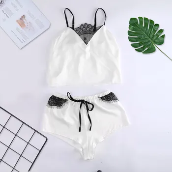 

Women V-neck Satin Pajamas Set Sexy Sexy Lingerie Women Sleepwear Vest+shorts Lace Pajamas Set For Women Underwear Pijama Mujer