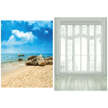 

2Pcs 3X5Ft Vinyl Studio Photography Sea Photo Background - Blue Sky Beach Backdrop & European Window Floor White